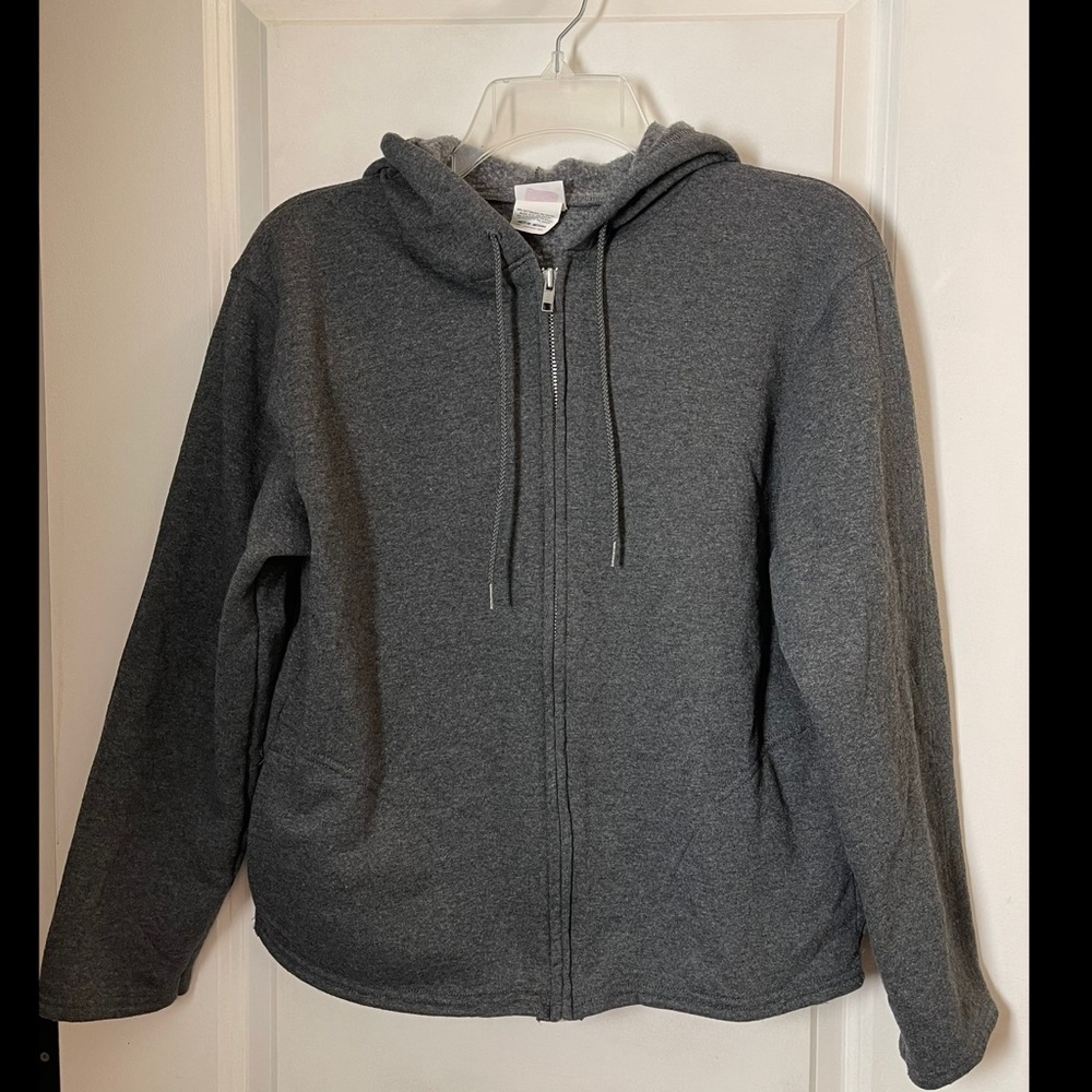 Hanes Her Way Zip front Hoodie Charcoal Grey Hooded Sweatshirt M